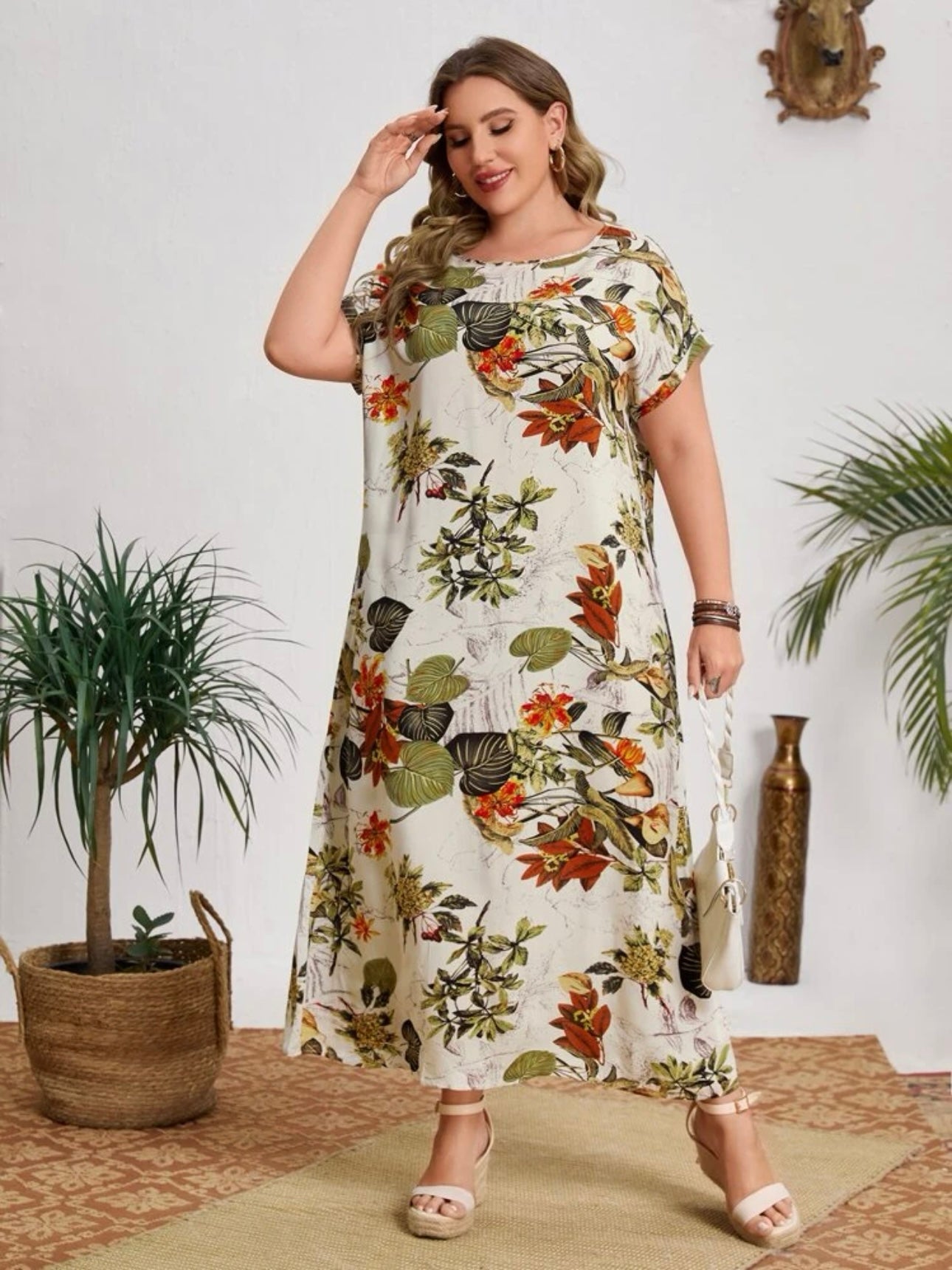 Fold-up Sleeve Vintage Floral Plus Size Dress