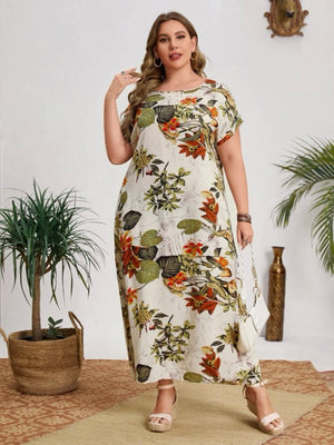 Fold-up Sleeve Vintage Floral Plus Size Dress