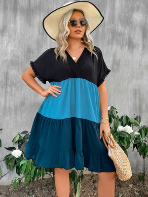 Color Block Batwing Ruffle Sleeve V-neck Plus Size Dress