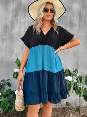 Color Block Batwing Ruffle Sleeve V-neck Plus Size Dress