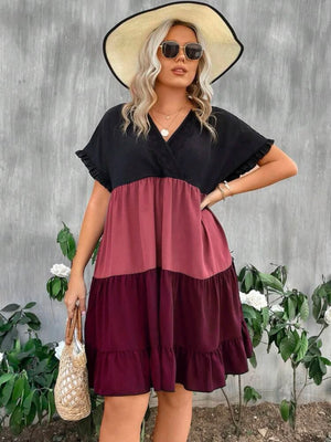 Color Block Batwing Ruffle Sleeve V-neck Plus Size Dress