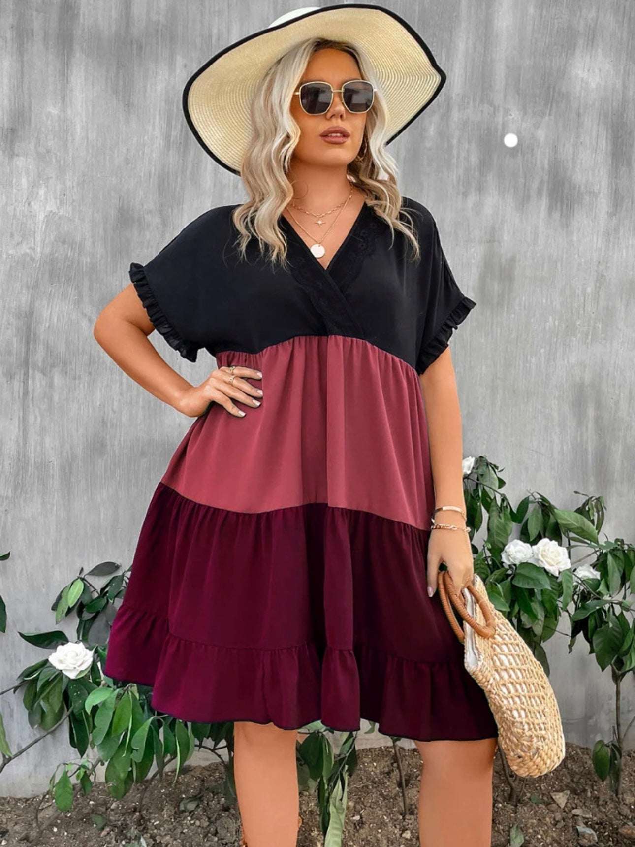 Color Block Batwing Ruffle Sleeve V-neck Plus Size Dress