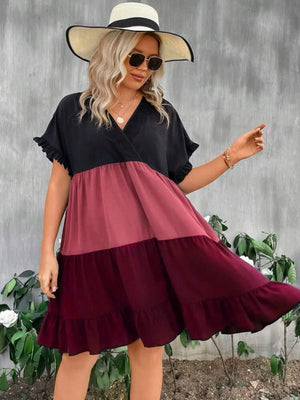 Color Block Batwing Ruffle Sleeve V-neck Plus Size Dress