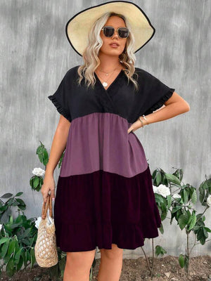 Color Block Batwing Ruffle Sleeve V-neck Plus Size Dress