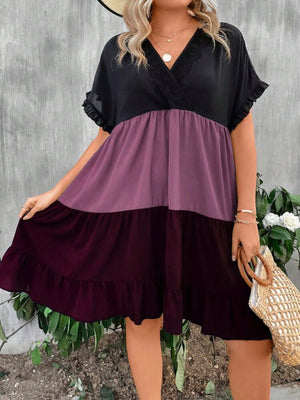 Color Block Batwing Ruffle Sleeve V-neck Plus Size Dress