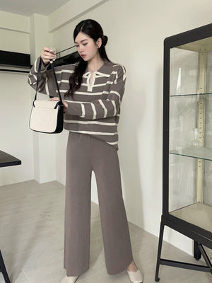 Stripe Collar Neck Long Sleeve Top & Wide Leg Pants Oversize Knitted Terno Set Coords