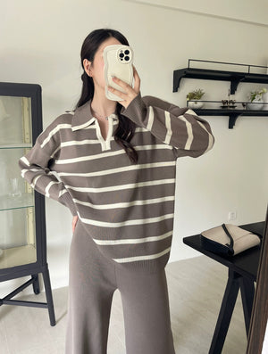 Stripe Collar Neck Long Sleeve Top & Wide Leg Pants Oversize Knitted Terno Set Coords