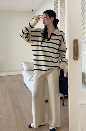 Stripe Collar Neck Long Sleeve Top & Wide Leg Pants Oversize Knitted Terno Set Coords