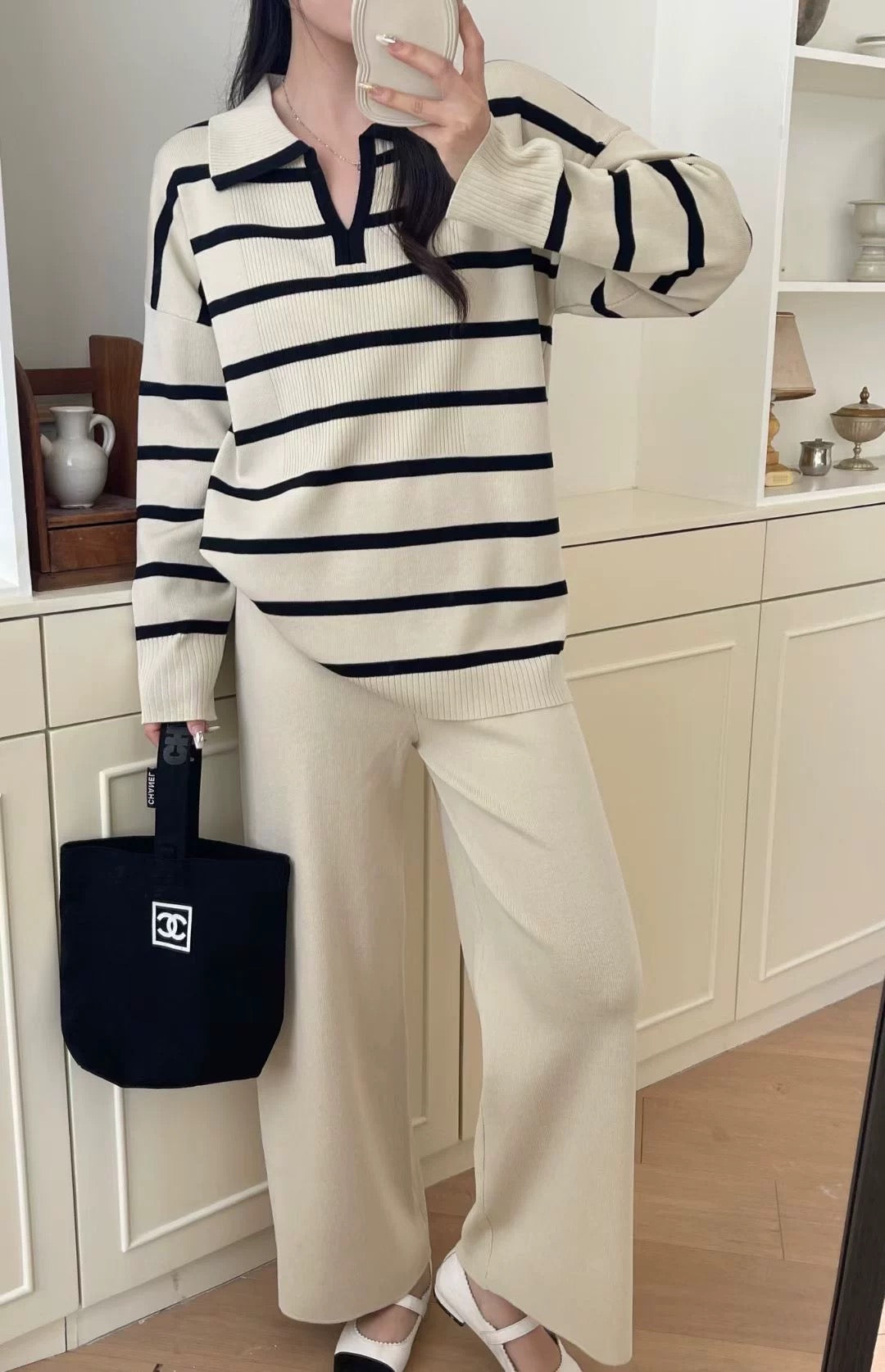 Stripe Collar Neck Long Sleeve Top & Wide Leg Pants Oversize Knitted Terno Set Coords