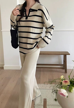 Stripe Collar Neck Long Sleeve Top & Wide Leg Pants Oversize Knitted Terno Set Coords