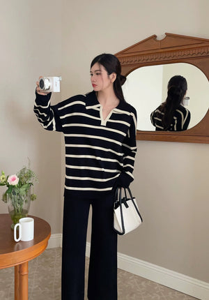 Stripe Collar Neck Long Sleeve Top & Wide Leg Pants Oversize Knitted Terno Set Coords