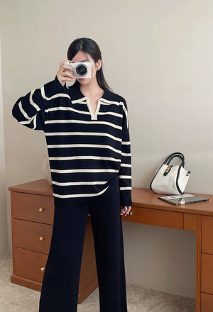 Stripe Collar Neck Long Sleeve Top & Wide Leg Pants Oversize Knitted Terno Set Coords