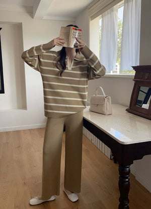 Stripe Collar Neck Long Sleeve Top & Wide Leg Pants Oversize Knitted Terno Set Coords