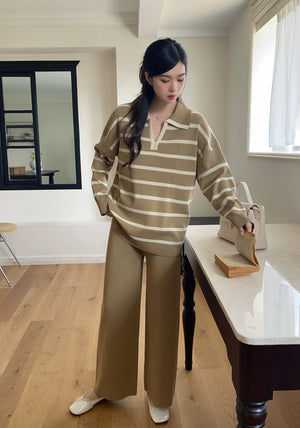 Stripe Collar Neck Long Sleeve Top & Wide Leg Pants Oversize Knitted Terno Set Coords