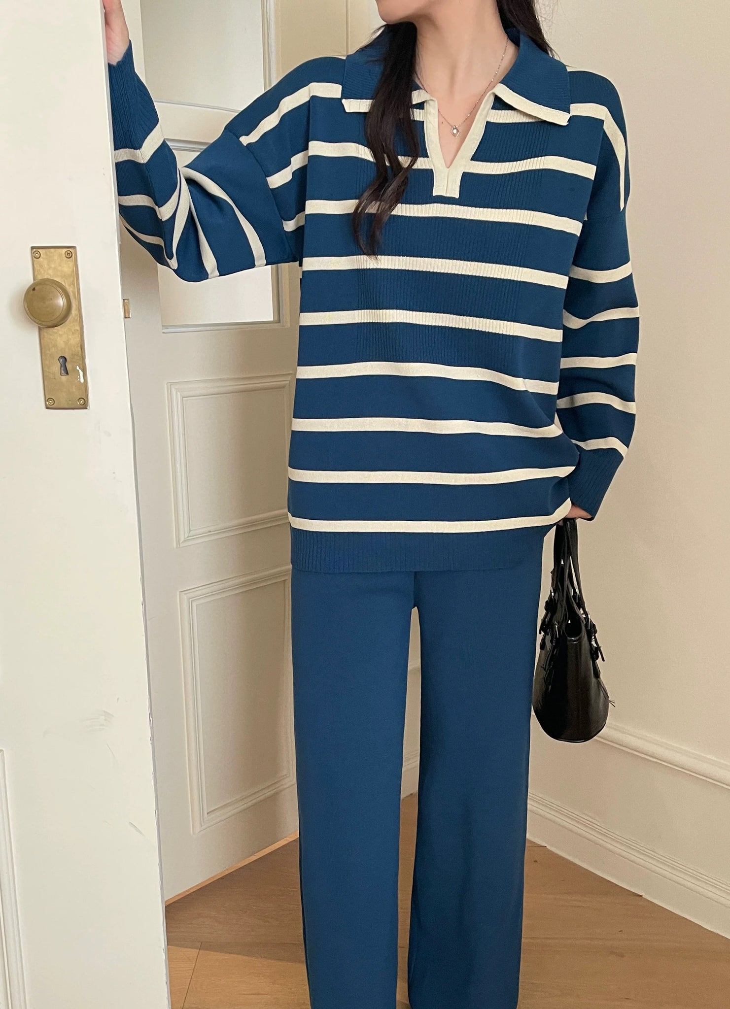 Stripe Collar Neck Long Sleeve Top & Wide Leg Pants Oversize Knitted Terno Set Coords