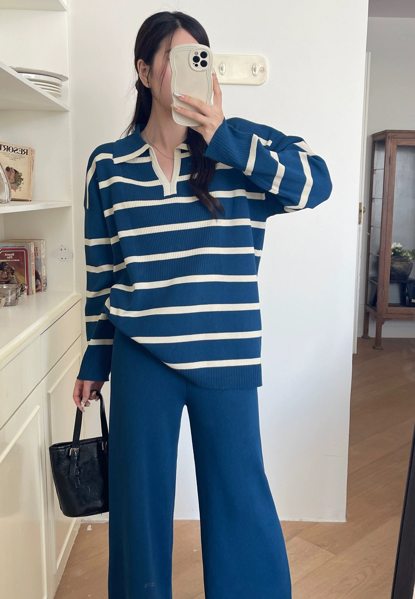 Stripe Collar Neck Long Sleeve Top & Wide Leg Pants Oversize Knitted Terno Set Coords