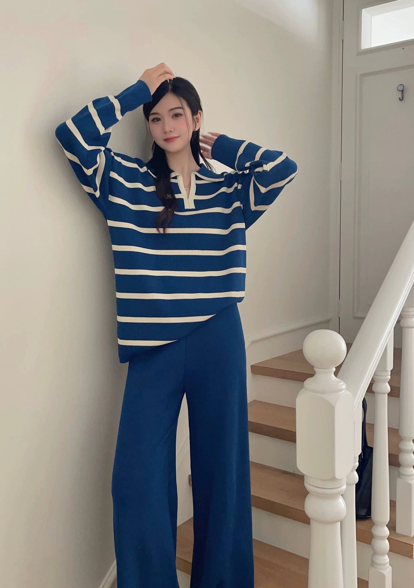 Stripe Collar Neck Long Sleeve Top & Wide Leg Pants Oversize Knitted Terno Set Coords