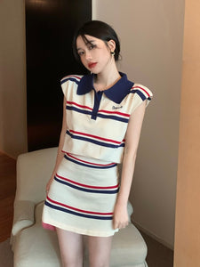 Stripe Button Down Collar Neck Embroidery Top & Garter Skirt Knitted Terno Set Coords