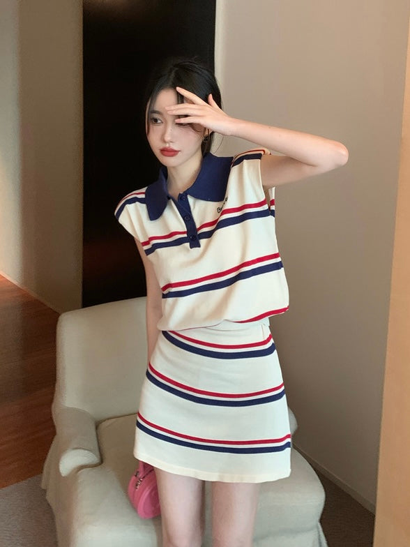Stripe Button Down Collar Neck Embroidery Top & Garter Skirt Knitted Terno Set Coords