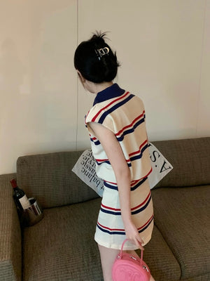 Stripe Button Down Collar Neck Embroidery Top & Garter Skirt Knitted Terno Set Coords