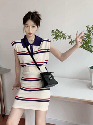 Stripe Button Down Collar Neck Embroidery Top & Garter Skirt Knitted Terno Set Coords