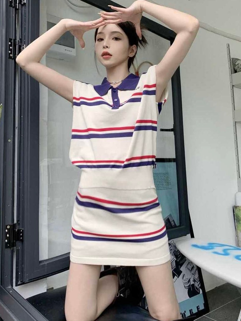 Stripe Button Down Collar Neck Embroidery Top & Garter Skirt Knitted Terno Set Coords