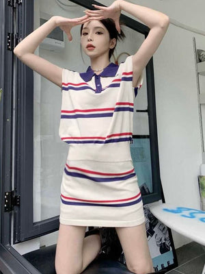 Stripe Button Down Collar Neck Embroidery Top & Garter Skirt Knitted Terno Set Coords