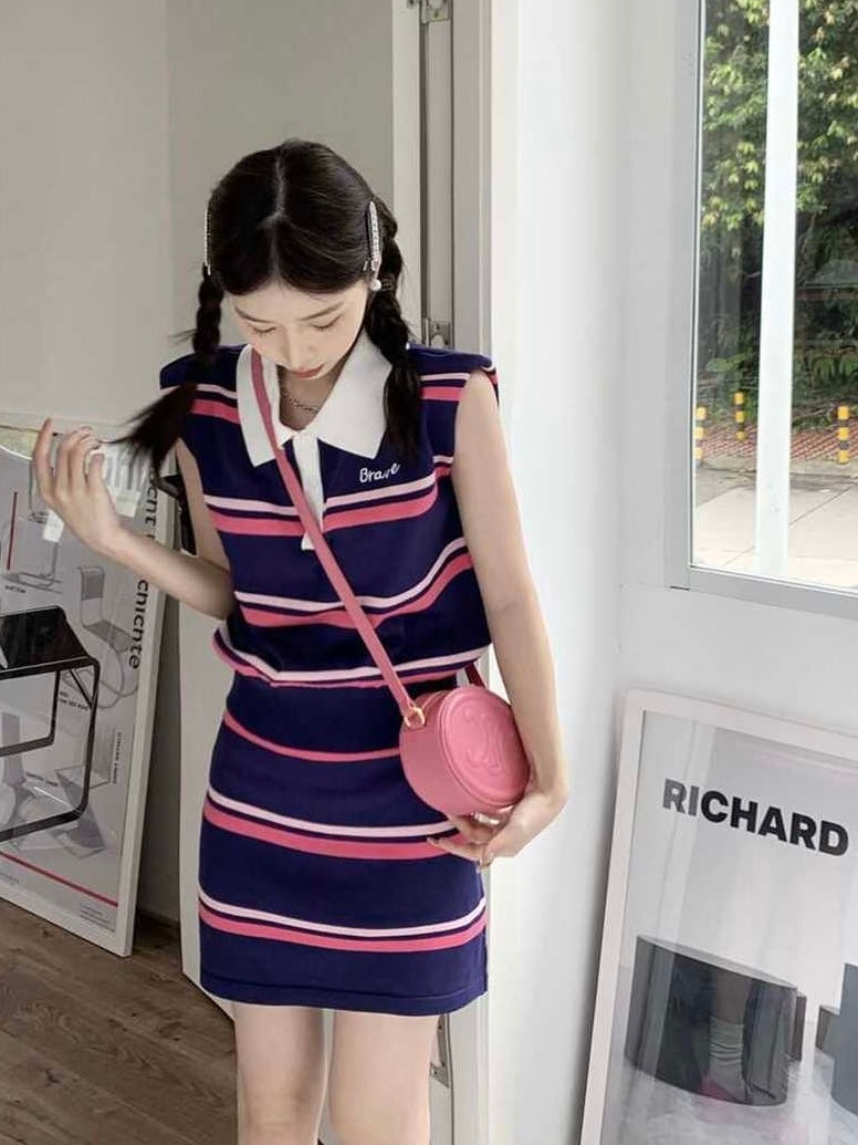 Stripe Button Down Collar Neck Embroidery Top & Garter Skirt Knitted Terno Set Coords