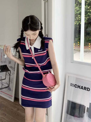 Stripe Button Down Collar Neck Embroidery Top & Garter Skirt Knitted Terno Set Coords