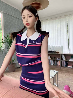 Stripe Button Down Collar Neck Embroidery Top & Garter Skirt Knitted Terno Set Coords
