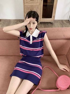 Stripe Button Down Collar Neck Embroidery Top & Garter Skirt Knitted Terno Set Coords