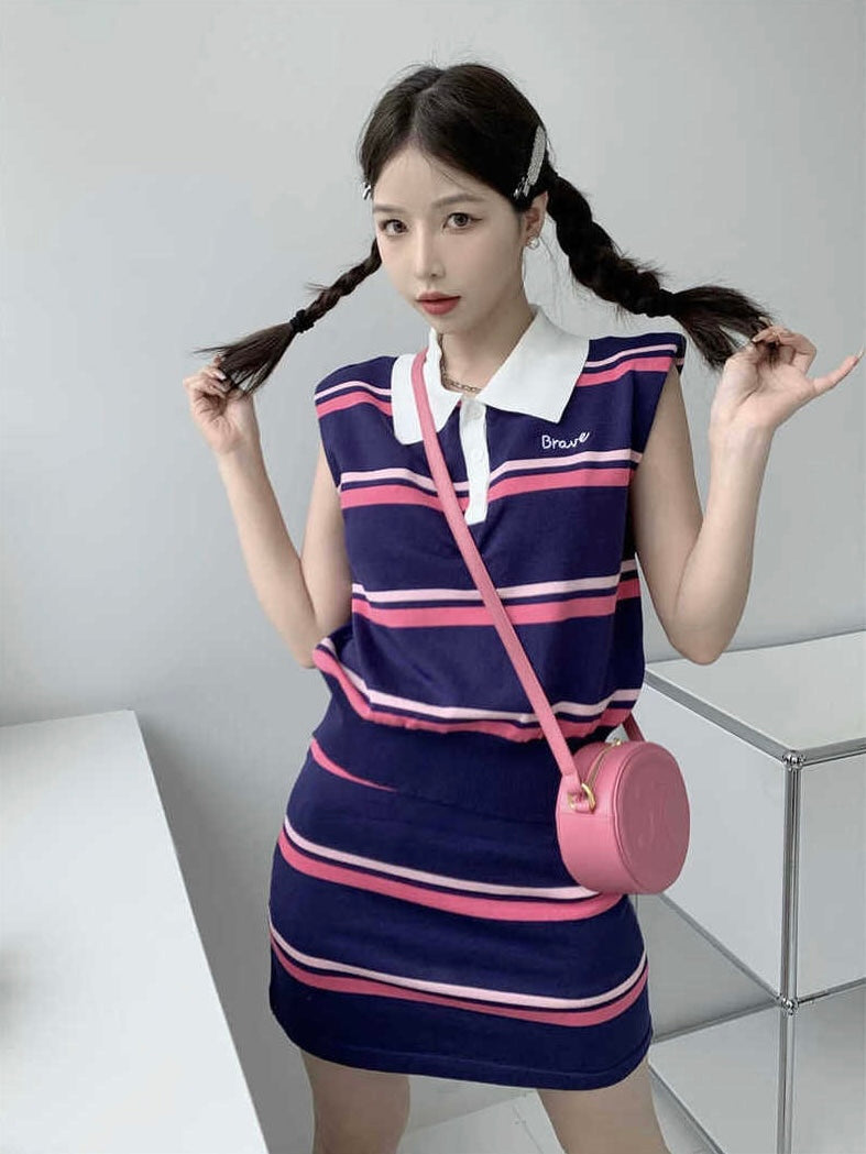 Stripe Button Down Collar Neck Embroidery Top & Garter Skirt Knitted Terno Set Coords