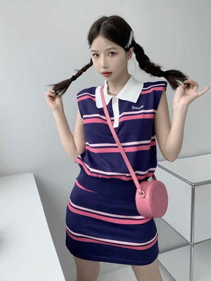 Stripe Button Down Collar Neck Embroidery Top & Garter Skirt Knitted Terno Set Coords