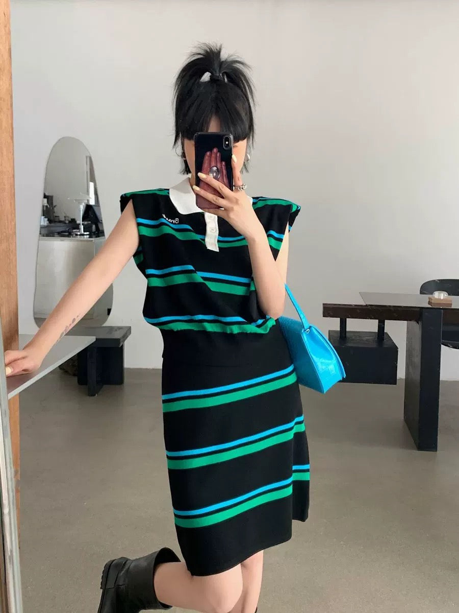 Stripe Button Down Collar Neck Embroidery Top & Garter Skirt Knitted Terno Set Coords
