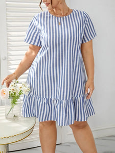 Ruffle Hem Single Button Back Stripe Plus Size Dress