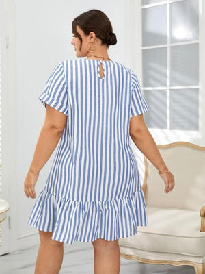 Ruffle Hem Single Button Back Stripe Plus Size Dress