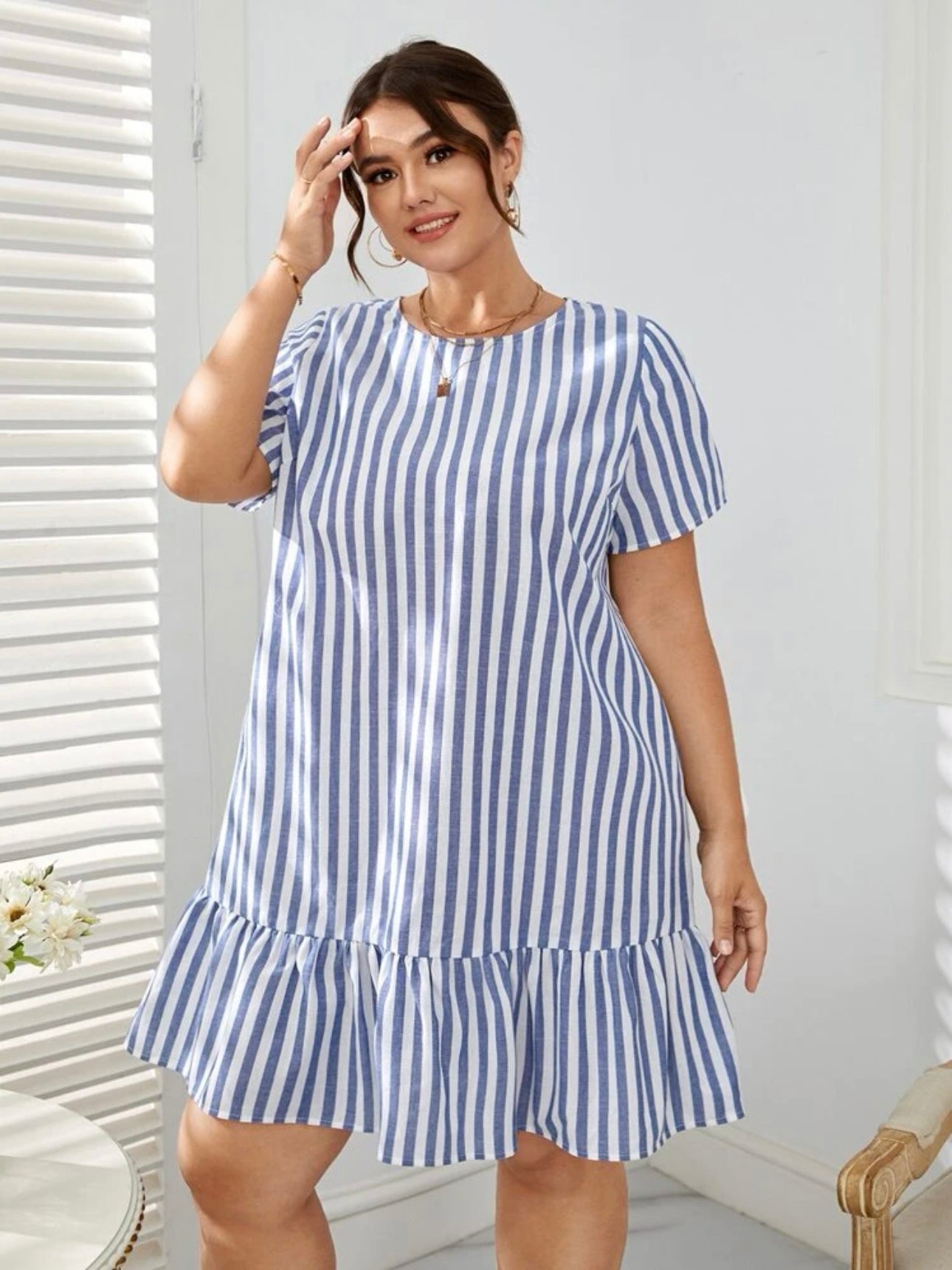 Ruffle Hem Single Button Back Stripe Plus Size Dress