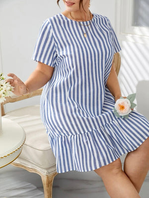 Ruffle Hem Single Button Back Stripe Plus Size Dress