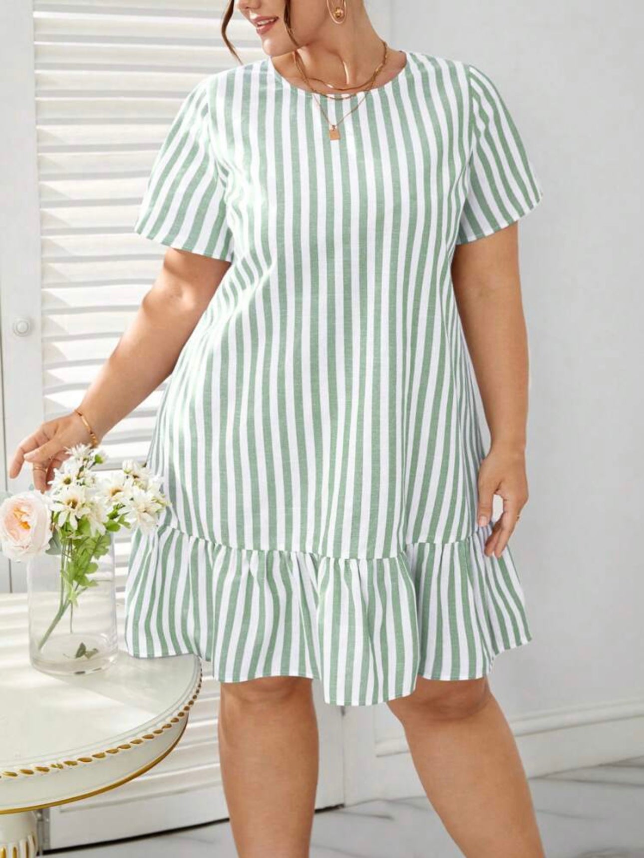 Ruffle Hem Single Button Back Stripe Plus Size Dress