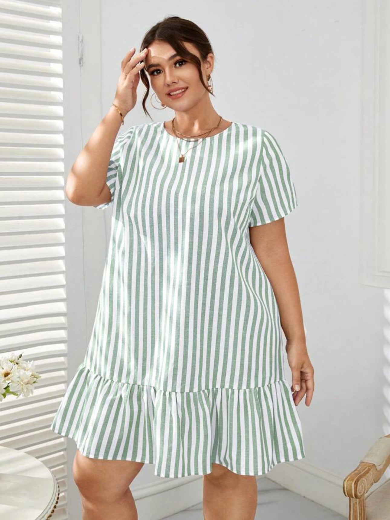 Ruffle Hem Single Button Back Stripe Plus Size Dress