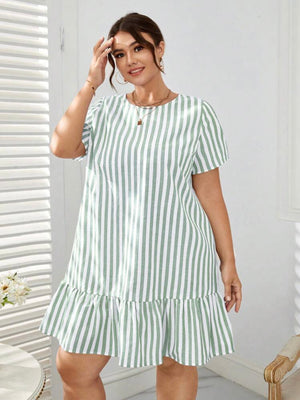 Ruffle Hem Single Button Back Stripe Plus Size Dress