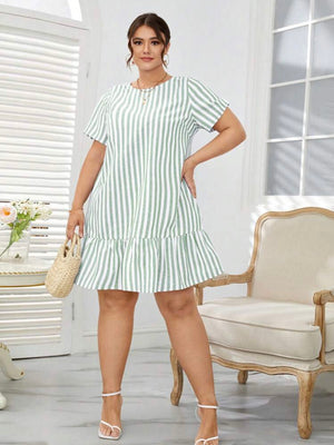 Ruffle Hem Single Button Back Stripe Plus Size Dress