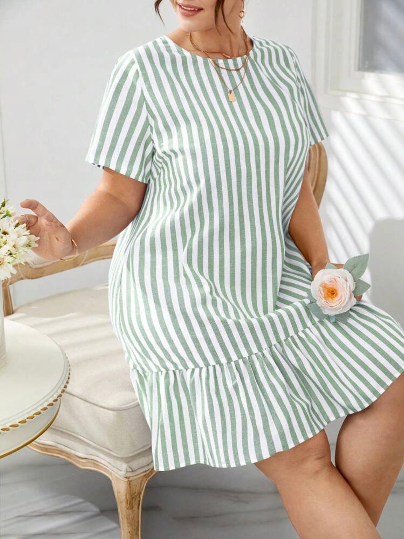 Ruffle Hem Single Button Back Stripe Plus Size Dress