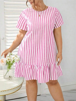 Ruffle Hem Single Button Back Stripe Plus Size Dress