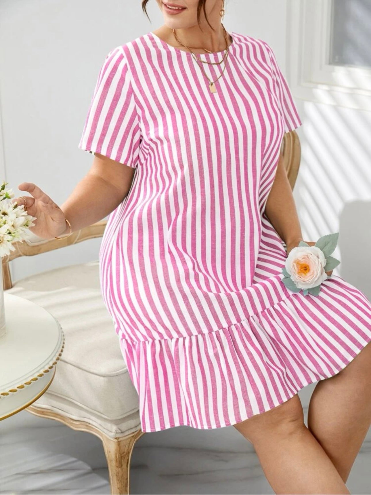 Ruffle Hem Single Button Back Stripe Plus Size Dress