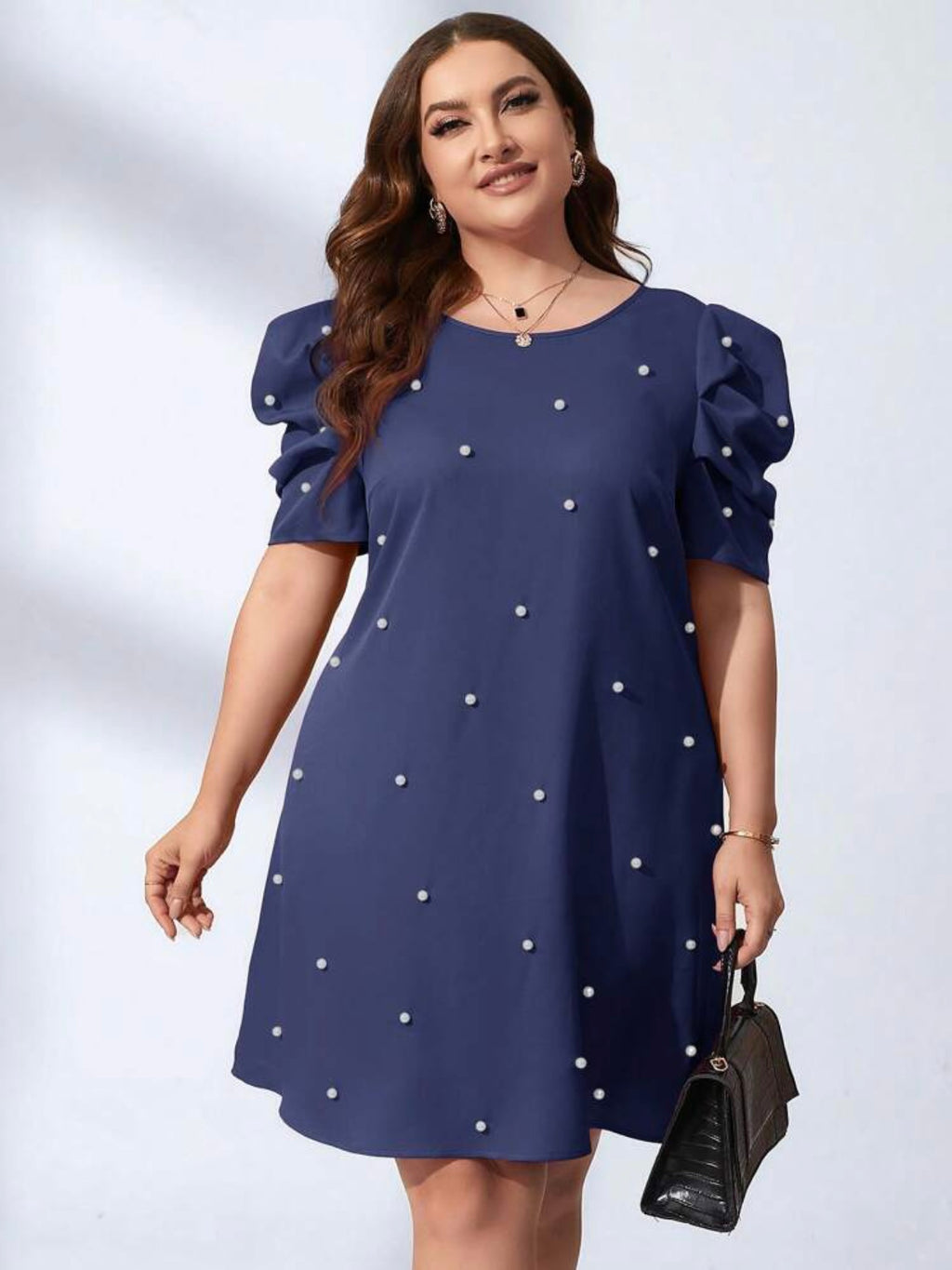 Pearl Detail Ruched Sleeve V-cut Back Plus Size Dress