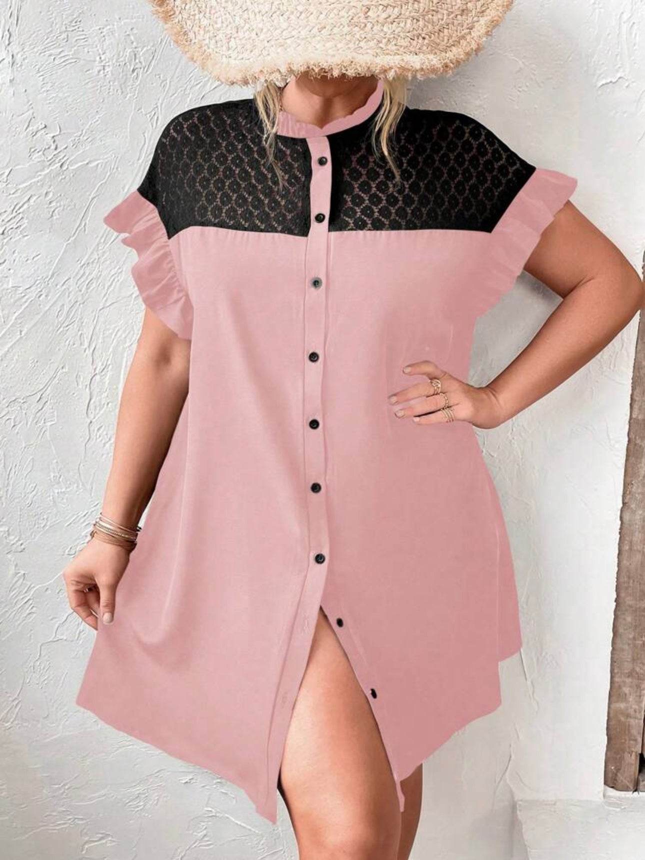 Mesh Upper Button Down Ruffle Sleeve Plus Size Dress