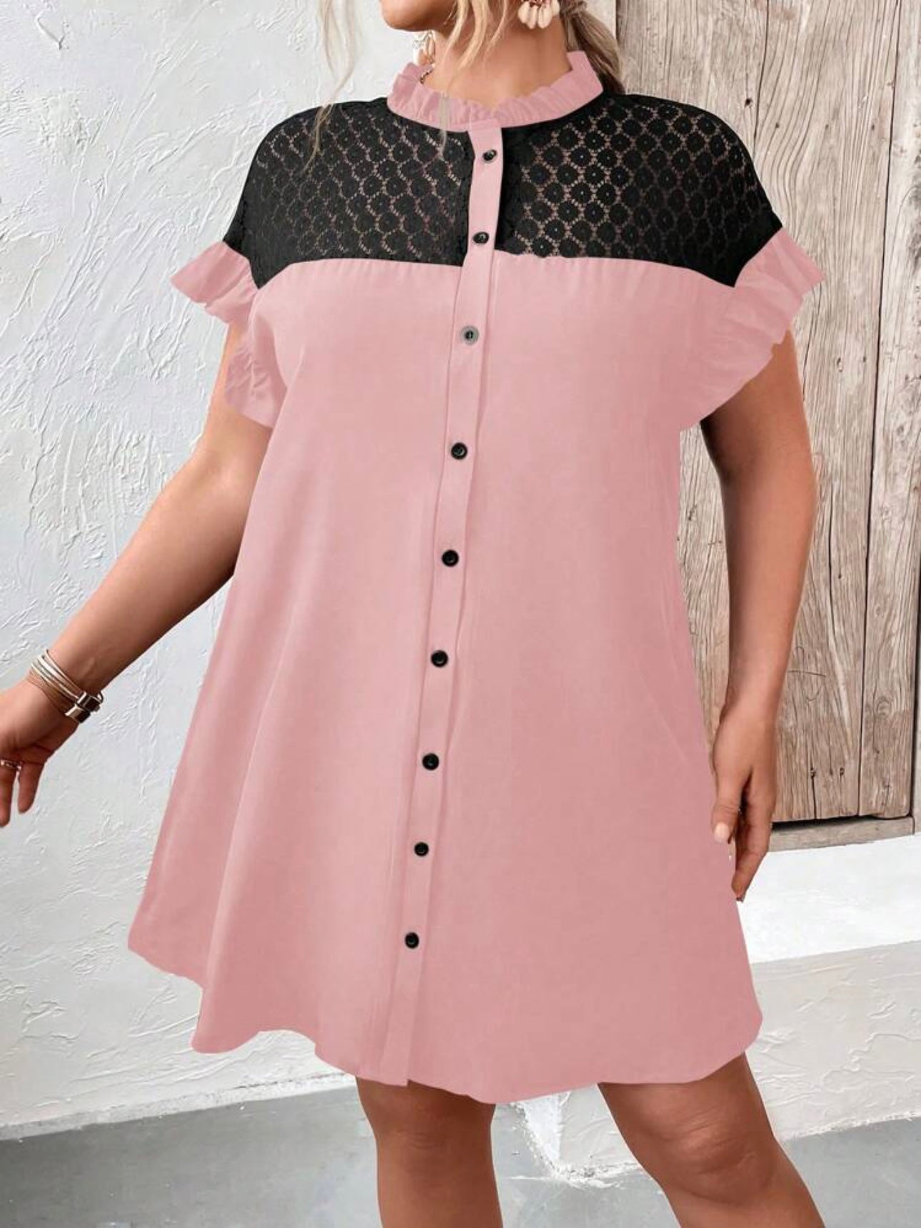 Mesh Upper Button Down Ruffle Sleeve Plus Size Dress