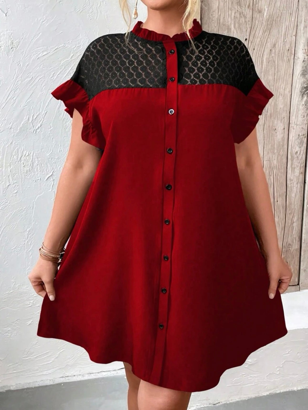 Mesh Upper Button Down Ruffle Sleeve Plus Size Dress