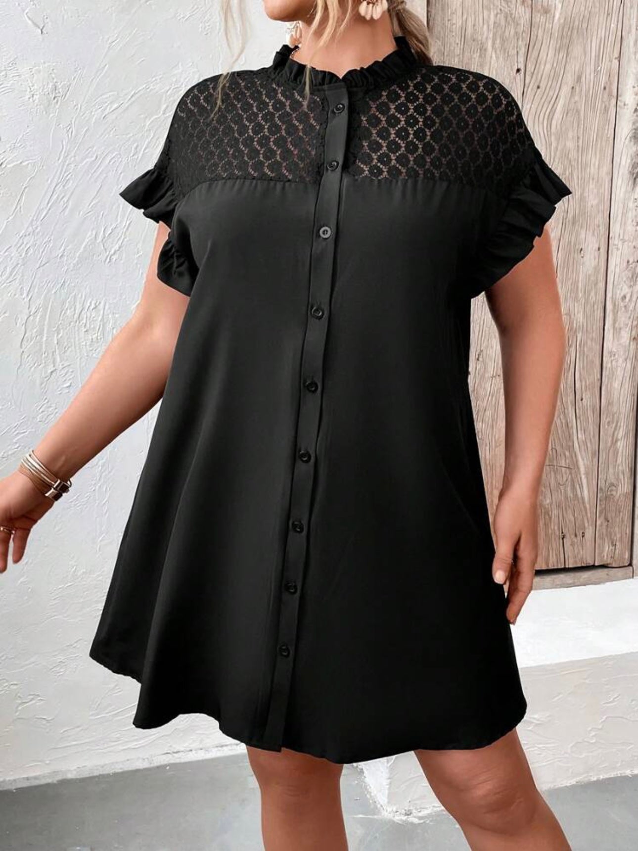 Mesh Upper Button Down Ruffle Sleeve Plus Size Dress